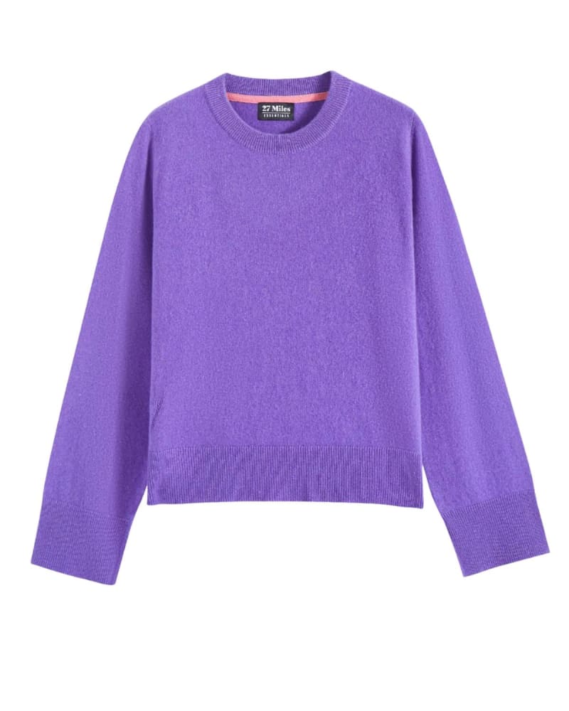 Front of a model wearing a size L Ceres Sweater in Violet Purple in Violet Purple by 27 Miles Malibu. | dia_product_style_image_id:345991